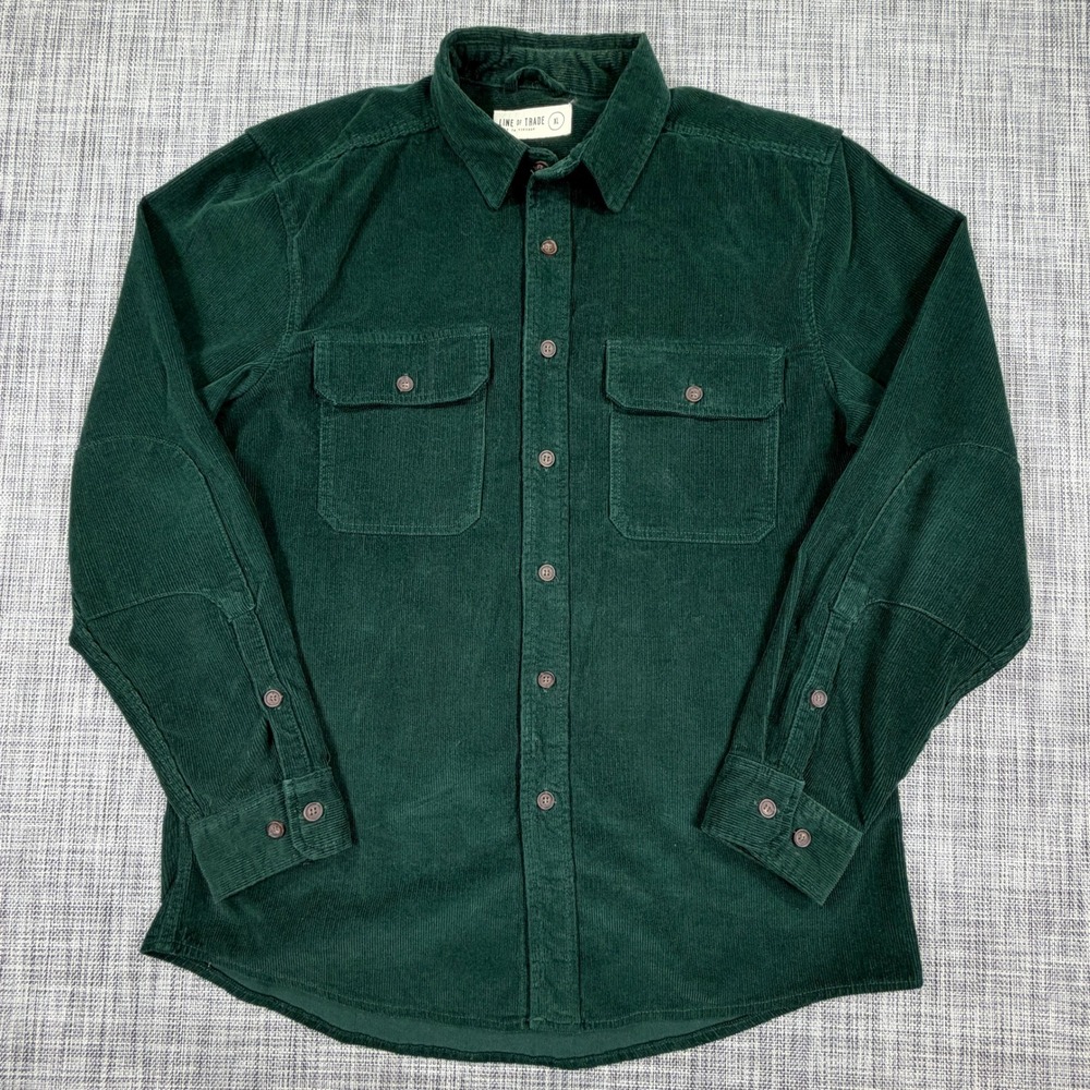 Line of Trade Stone Mens XL Green Corduroy Shirt Cotton Elbow Patch Workwear